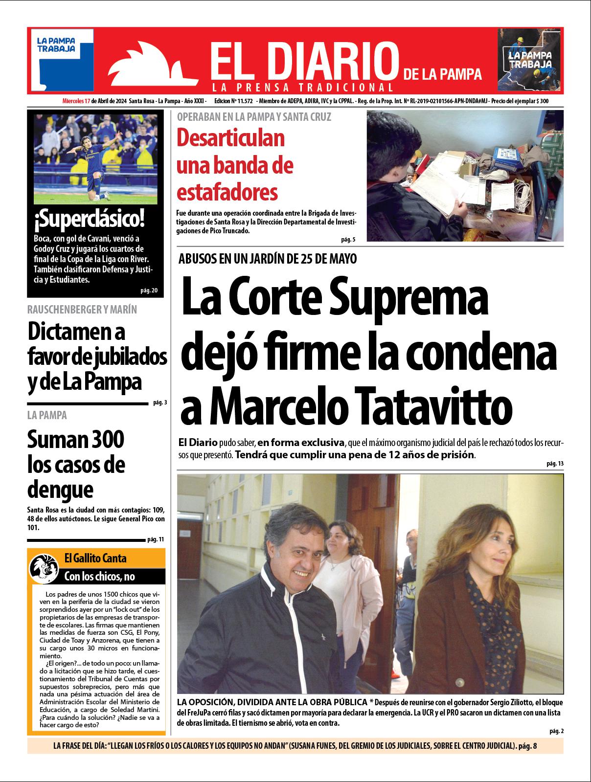 Tapa de El Diario en papel  mieacutercoles 17 de abril de 2024